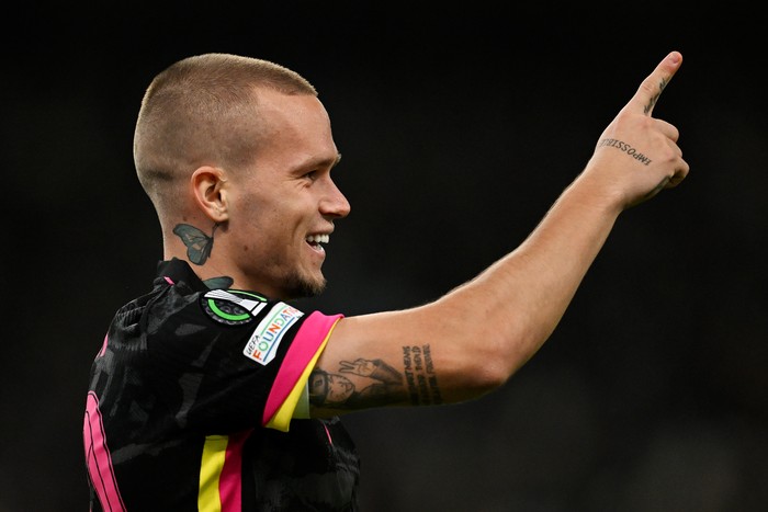 ATHENS, GREECE - OCTOBER 24: Mykhaylo Mudryk of Chelsea celebrates scoring his teams third goal during the UEFA Conference League 2024/25 League Phase MD2 match between Panathinaikos FC and Chelsea FC at Olympic Athletic Center of Athens Spyridon Louis or OAKA on October 24, 2024 in Athens, Greece. (Photo by Darren Walsh/Chelsea FC via Getty Images)
