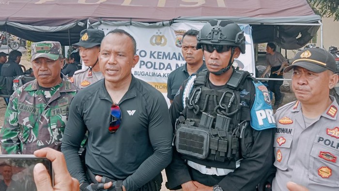 Kapolres Flores Timur AKBP I Nyoman Putra Sandita memberi keterangan seusai tim gabungan TNI-Polri menyisir rumah warga di Desa Ile Pati, Kecamatan Adonara Barat, Flores Timur, NTT, Sabtu, (26/10/2024). (Foto: Yurgo Purab/detikBali)