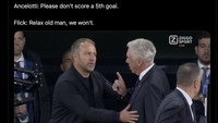 Meme Carlo Ancelotti mewanti-wanti Flick agar Barca jangan bikin gol kelima ke gawang Madrid. Foto: dok. Internet/X (Twitter)