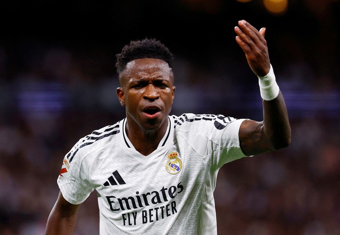 FILE PHOTO: Soccer - Real Madrids Vinicius Junior reacts during the LaLiga match against FC Barcelona - Santiago Bernabeu, Madrid, Spain - October 26, 2024. REUTERS/Susana Vera/File Photo