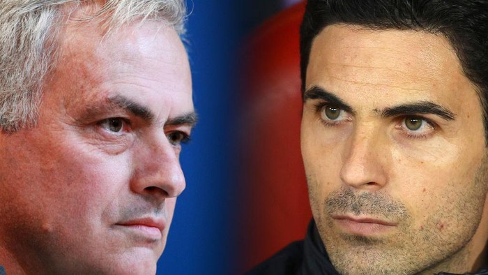 FILE PHOTO (EDITORS NOTE: COMPOSITE OF IMAGES - Image numbers 1193147331, 1207576912 - GRADIENT ADDED) In this composite image a comparison has been made between Jose Mourinho, head coach of Tottenham Hotspur (L) and Mikel Arteta, Manager of Arsenal. Tottenham Hotspur and Arsenal meet in a Premier League match on July 12,2020 at the Tottenham Hotspur Stadium in London,England. ***LEFT IMAGE*** MUNICH, GERMANY - DECEMBER 10: Jose Mourinho, head coach of Tottenham Hotspur, looks on during a press conference at Allianz Arena on December 10, 2019 in Munich, Germany. Tottenham Hotspur will face FC Bayern Muenchen during the UEFA Champions League group B match on December 11, 2019. (Photo by Adam Pretty/Bongarts/Getty Images) ***RIGHT IMAGE*** PIRAEUS, GREECE - FEBRUARY 20: Mikel Arteta, Manager of Arsenal looks on prior to the UEFA Europa League round of 32 first leg match between Olympiacos FC and Arsenal FC at Karaiskakis Stadium on February 20, 2020 in Piraeus, Greece. (Photo by Richard Heathcote/Getty Images)