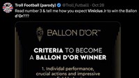 Kalau kata meme ini, Vinicius tak sesuai kriteria peraih Ballon dOr karena bukan pemain berkelas dan suka provokasi lawan dan fans. (Foto: Twitter)