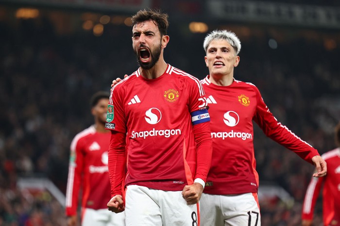 Bruno Fernandes Bruno Fernandes of Manchester United celebrates after scoring a goal to make it 5-2 during the Carabao Cup Fourth Round match between Manchester United and Leicester City at Old Trafford on October 30, 2024 in Manchester, England. (Photo by Robbie Jay Barratt - AMA/Getty Images)