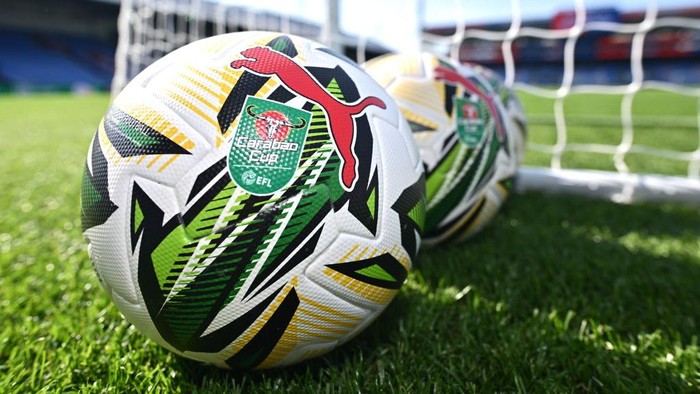 LONDON, ENGLAND - AUGUST 27: A general close up view of Puma official match day ball with Carabao Cup logo prior to the Carabao Cup Second Round match between Crystal Palace and Norwich City at Selhurst Park on August 27, 2024 in London, England. (Photo by Sebastian Frej/MB Media/Getty Images)