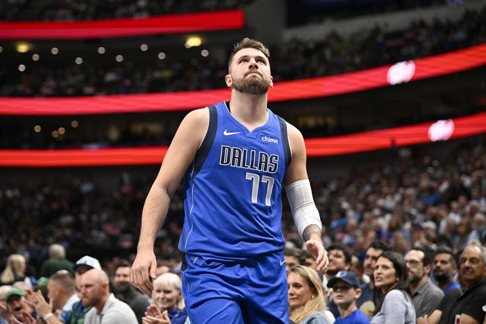 Oct 28, 2024; Dallas, Texas, USA; Dallas Mavericks guard Luka Doncic (77) reacts during the first quarter against the Utah Jazz at the American Airlines Center. Mandatory Credit: Jerome Miron-Imagn Images