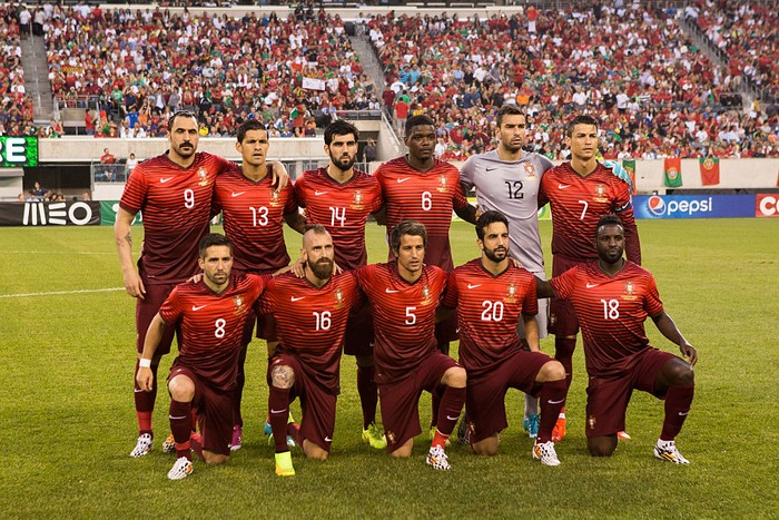 Federation of Portugal Football National that will be representing Portugal in the upcoming 2014 FIFA World Cup consists of Hugo Almeida (9), Ricardo Cost (13), Luis Neto (14), William Carvalho (6), Rui Patricio (12) , Captain Cristiano Ronaldo (7), Joao Moutinho (8), Raul Meirelles (16), Fabio Coentrao (5), Ruben Amorim (20), Silvestre Varela (18) pose for a team picture during the International Friendly Match between Portugal National Team and Ireland. Portugal won the match with a score of (Photo by Ira  Black/Corbis via Getty Images)