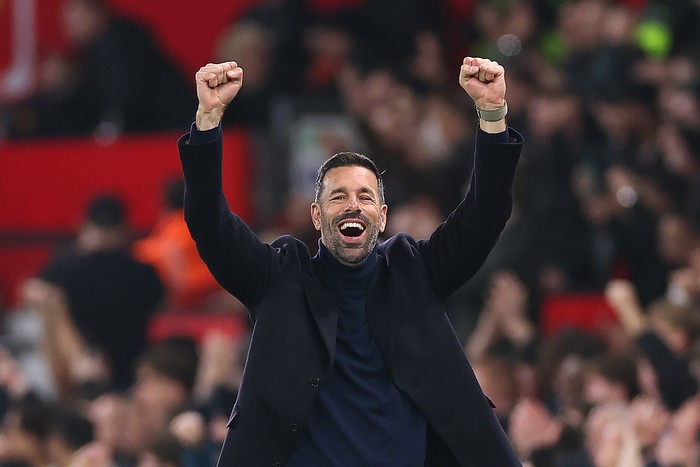 MANCHESTER, ENGLAND - OCTOBER 30: Ruud van Nistelrooy the interim head coach / manager of Manchester United celebrates his teams opening goal during the Carabao Cup Fourth Round match between Manchester United and Leicester City   at Old Trafford on October 30, 2024 in Manchester, England. (Photo by Robbie Jay Barratt - AMA/Getty Images)