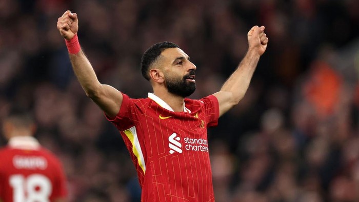  Mohamed Salah of Liverpool celebrates scoring his team's second goal during the Premier League match between Liverpool FC and Brighton & Hove Albion FC at Anfield on November 02, 2024 in Liverpool, England. (Photo by Jan Kruger/Getty Images)