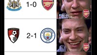 Fans Arsenal niscaya ikut senang ketika Manchester City ikut kalah. Eh sedih lagi deh karena Liverpool menang dan melesat ke puncak klasemen. Foto: dok. Internet/X (Twitter)