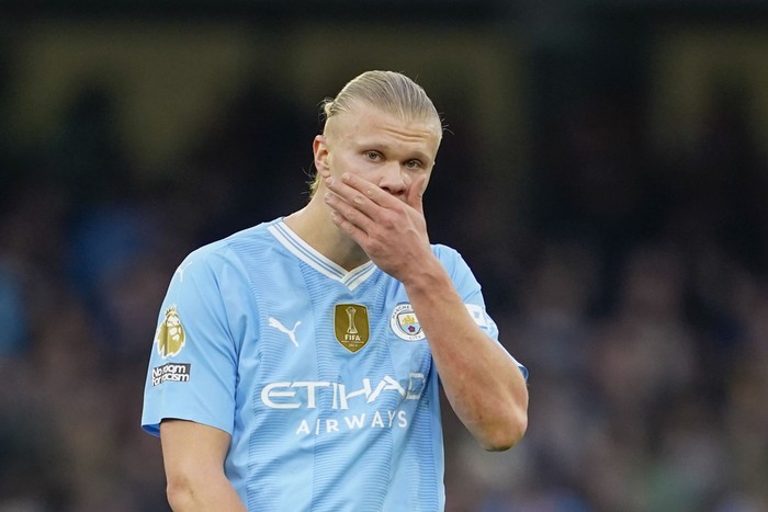 Erling Haaland Manchester City's Erling Haaland reacts during the English Premier League soccer match between Manchester City and Arsenal at the Etihad stadium in Manchester, England, Sunday, March 31, 2024. (AP Photo/Dave Thompson)