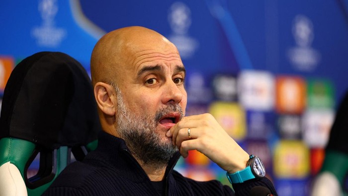 Soccer Football - Champions League - Manchester City Press Conference - Estadio Jose Alvalade, Lisbon, Portugal - November 4, 2024 Manchester City manager Pep Guardiola during the press conference Action Images via Reuters/Andrew Boyers