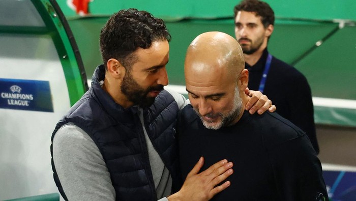 Soccer Football - Champions League - Sporting CP v Manchester City - Estadio Jose Alvalade, Lisbon, Portugal - November 5, 2024 Sporting CP coach Ruben Amorim and Manchester City manager Pep Guardiola before the match Action Images via Reuters/Andrew Boyers