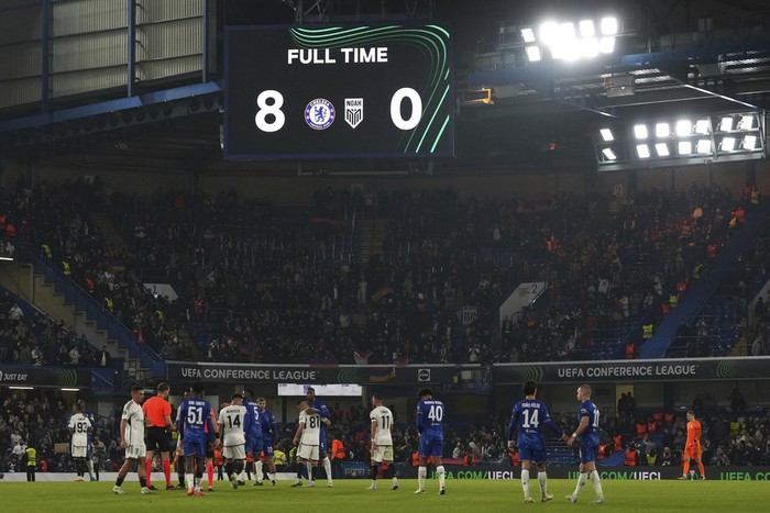 The scoreboard showing the score of 8-0 during the Europa Conference League opening phase soccer match between Chelsea and FC Noah at Stamford Bridge stadium in London Thursday, Nov. 7, 2024. (AP Photo/Frank Augstein)