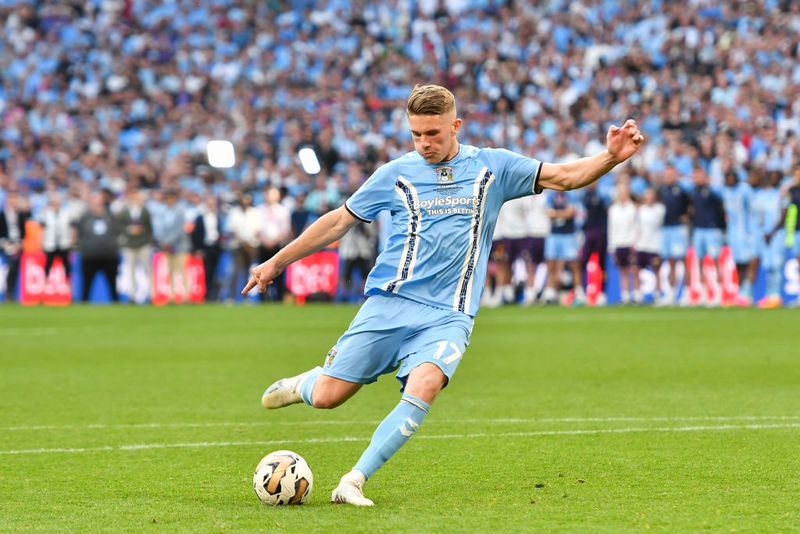 Viktor Gyokeres of Coventry City scores from a penalty during the Sky Bet Championship Play-Off Final between Coventry City and Luton Town at Wembley Stadium, London on Saturday 27th May 2023. (Photo by Ivan Yordanov/MI News/NurPhoto via Getty Images)