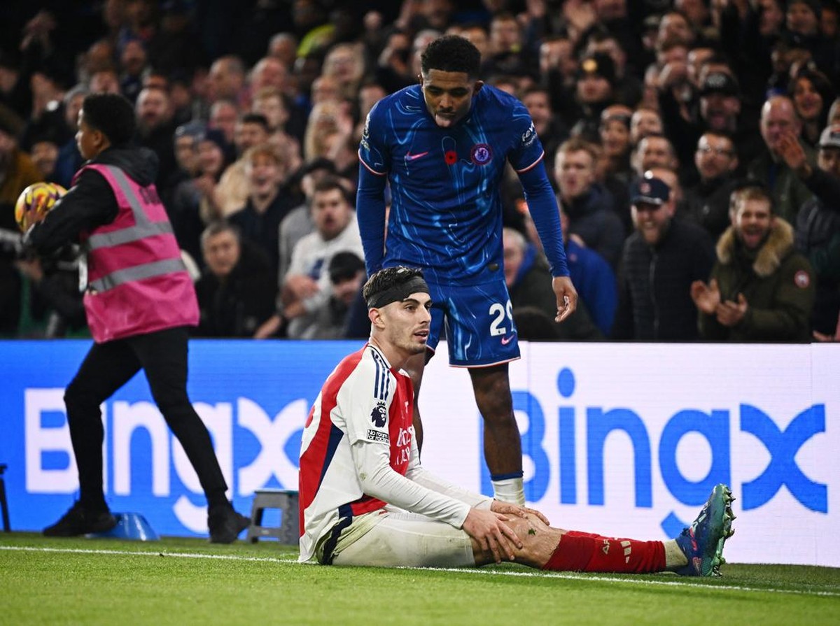 Momen Wesley Fofana memaki Kai Havertz di laga Chelsea vs Arsenal. (Foto: Dylan Martinez/REUTERS)