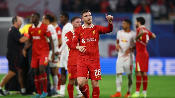 Soccer Football - Champions League - RB Leipzig v Liverpool - Red Bull Arena, Leipzig, Germany - October 23, 2024 Liverpools Andrew Robertson reacts after the match REUTERS/Lisi Niesner