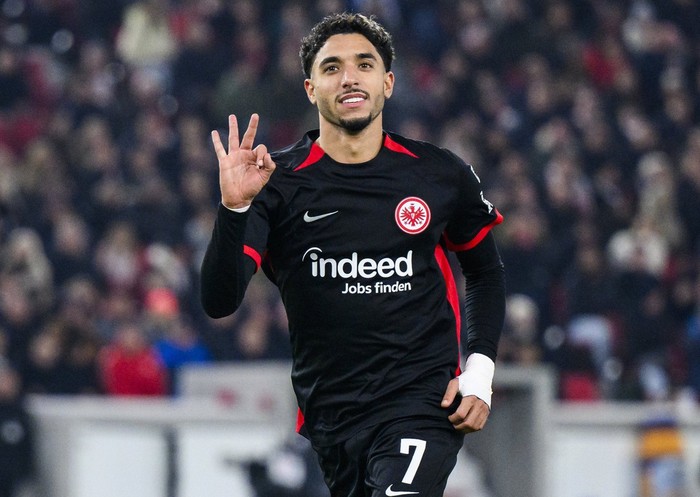 Frankfurt's Omar Marmoush celebrates after scoring his side's third goal of the game during the Bundesliga soccer match between VfB Stuttgart - Eintracht Frankfurt, at the MHPArena in Stuttgart, Germany, Sunday Nov. 10, 2024. (Tom Weller/dpa via AP)