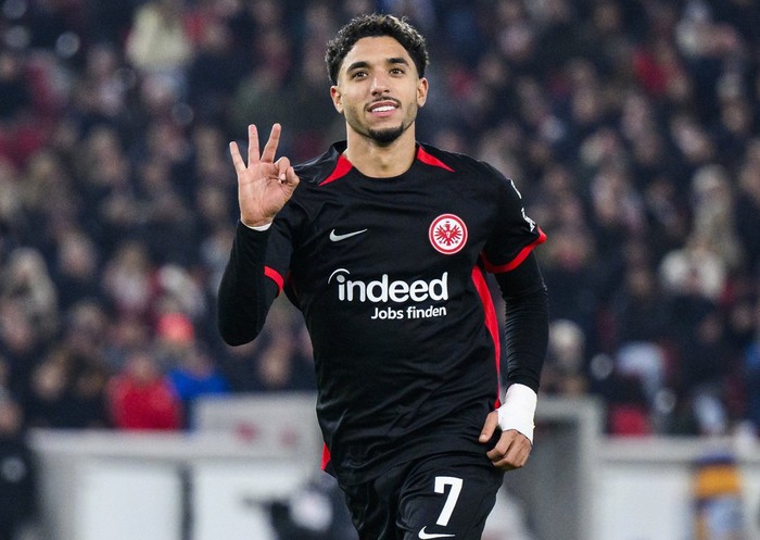 Omar Marmoush Frankfurt's Omar Marmoush celebrates after scoring his side's third goal of the game during the Bundesliga soccer match between VfB Stuttgart - Eintracht Frankfurt, at the MHPArena in Stuttgart, Germany, Sunday Nov. 10, 2024. (Tom Weller/dpa via AP)