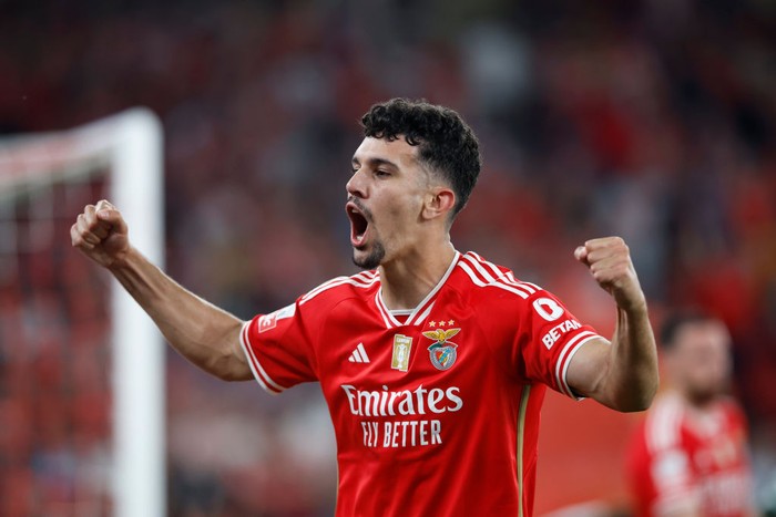 LISBON, PORTUGAL - APRIL 14: Tomas Araujo of SL Benfica celebrates after scoring his teams second goal during the Liga Portugal Bwin match between SL Benfica and Moreirense FC at Estadio do Sport Lisboa e Benfica on April 14, 2024 in Lisbon, Portugal. (Photo by Joao Rico/DeFodi Images via Getty Images)