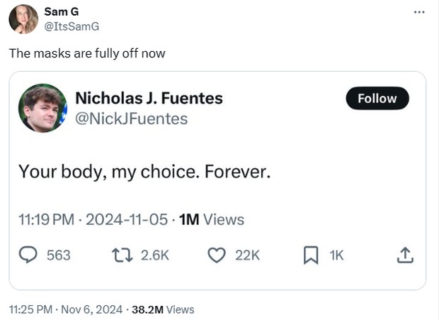 Cuitan bernada misoginis dari Nicholas J. Fuentes /Foto: Tangkapan Layar X Cuitan bernada misoginis dari Nicholas J. Fuentes /Foto: Tangkapan Layar X