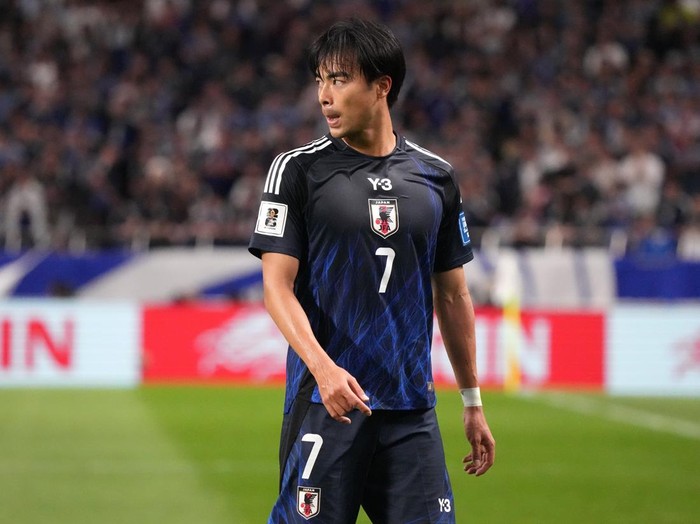 SAITAMA, JAPAN - OCTOBER 15: Kaoru Mitoma of Japan looks on during the FIFA World Cup Asian Third Qualifier Group C match between Japan and Australia at Saitama Stadium on October 15, 2024 in Saitama, Japan.  (Photo by Koji Watanabe/Getty Images)