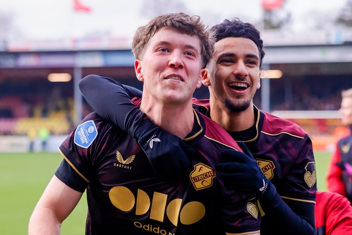 DEVENTER, NETHERLANDS - DECEMBER 10: Ole Romeny of FC Utrecht and Zidane Iqbal of FC Utrecht looks on after the Dutch Eredivisie match between Go Ahead Eagles and FC Utrecht at Stadion De Adelaarshorst on December 10, 2023 in Deventer, Netherlands. (Photo by NESimages/Raymond Smit/DeFodi Images via Getty Images)