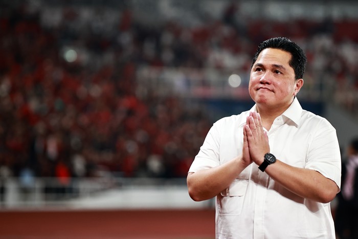 JAKARTA, INDONESIA - JUNE 06: Erick Thohir, the Chairman of Indonesia Football Association reacts after the FIFA World Cup Asian 2nd qualifier Group F match between Indonesia and Iraq at Gelora Bung Karno Stadium on June 06, 2024 in Jakarta, Indonesia. (Photo by Robertus Pudyanto/Getty Images)