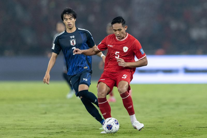 Rizky Ridho Ramadhan of Indonesia controls the ball during the FIFA World Cup Asian 3rd Qualifier Group C match against Japan at Gelora Bung Karno Stadium in Jakarta, Indonesia, on November 15, 2024. (Photo by Garry Lotulung/NurPhoto via Getty Images)