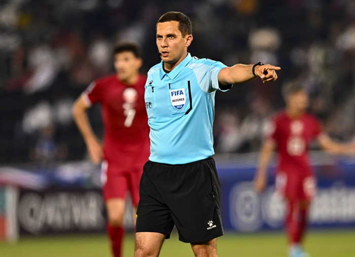 Rustam Lutfullin Referee Rustam Lutfullin from Uzbekistan is reacting during the AFC U23 Asian Cup Qatar 2024 Group A match between Qatar and Australia at Jassim Bin Hamad Stadium in Doha, Qatar, on April 21, 2024. (Photo by Noushad Thekkayil/NurPhoto via Getty Images)