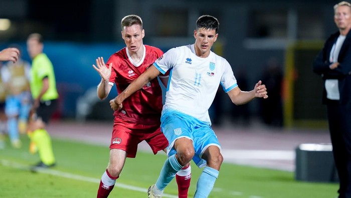 San Marino, San Marino - September 5: Simon Lüchinger of Liechtenstein and Andrea Contadini of San Marino compete for the ball during the UEFA Nations League 2024/2025 League D - Group 1 match between San Marino and Liechtenstein at San Marino Stadium on September 5, 2024 in San Marino, San Marino. (Photo by Giuseppe Maffia/DeFodi Images via Getty Images)