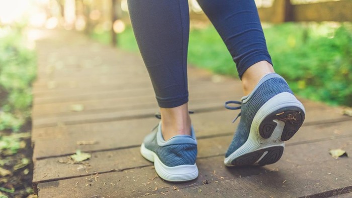 Close up of female legs with running shoes on wooden footpath in woods. Nature and sport healthy lifestyle concept.