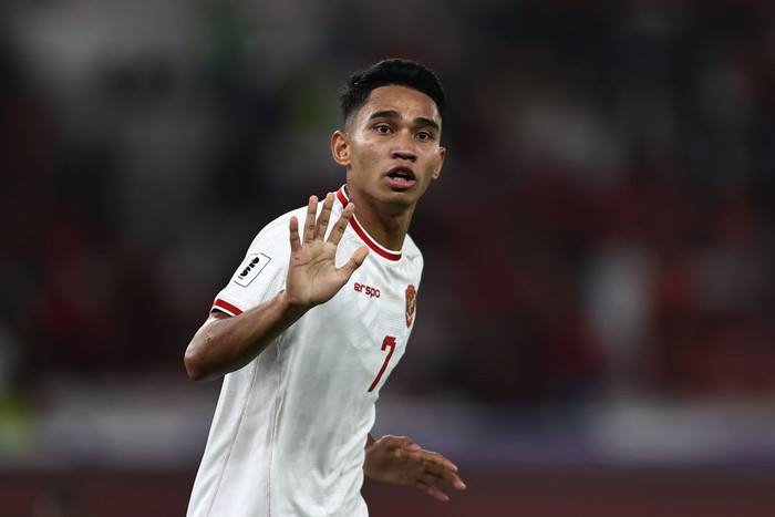 JAKARTA, INDONESIA - NOVEMBER 19: Marselino Ferdinan of Indonesia celebrates his second goal during the FIFA World Cup Asian 3rd Qualifier Group C match between Indonesia and Saudi Arabia at Gelora Bung Karno Stadium on November 19, 2024 in Jakarta, Indonesia. (Photo by Robertus Pudyanto/Getty Images)