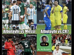 Ngomong-ngomong Argentina, di meme ini ada Lionel Messi, Cristiano Ronaldo, Son Heung-min, dan Marselino. Kesemuanya pernah dibikin kesal lalu membungkam Albulayhi-nya Arab Saudi. Foto: dok. Internet/X (Twitter)