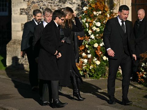 Former One Direction band member Niall Horan (3L) arrives to attend the funeral service of the late One Direction singer Liam Payne, at a church in the Home Counties, to the west of London on November 20, 2024. Payne was found dead on October 16, 2024 after plunging from the balcony of his third-floor hotel room in Buenos Aires. (Photo by JUSTIN TALLIS / AFP)