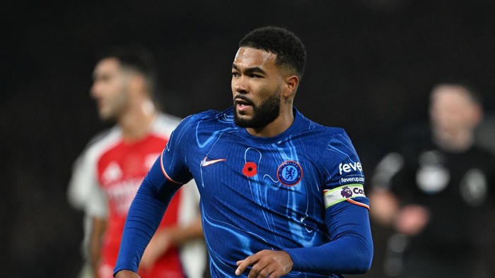 LONDON, ENGLAND - NOVEMBER 10: Reece James of Chelsea looks on during the Premier League match between Chelsea FC and Arsenal FC at Stamford Bridge on November 10, 2024 in London, England. (Photo by Darren Walsh/Chelsea FC via Getty Images)
