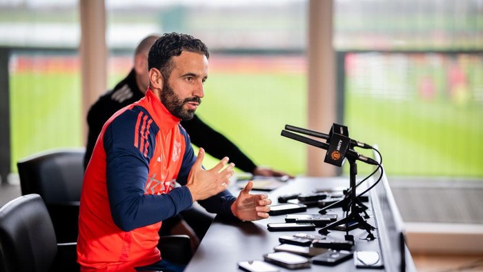 MANCHESTER, ENGLAND - NOVEMBER 22: (EXCLUSIVE COVERAGE) Head Coach Ruben Amorim of Manchester United speaks during a press conference at Carrington Training Ground on November 22, 2024 in Manchester, England. (Photo by Ash Donelon/Manchester United via Getty Images)