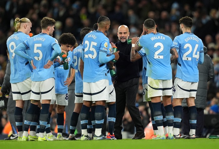 Manchester City manager Pep Guardiola gives a pep talk to the players from the touchline during the Premier League match at the Etihad Stadium, Manchester. Picture date: Saturday November 23, 2024. (Photo by Martin Rickett/PA Images via Getty Images)