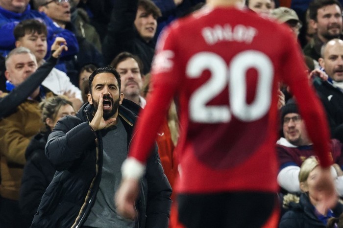 Manchester Uniteds Portuguese head coach Ruben Amorim reacts during the English Premier League football match between Ipswich Town and Manchester United at Portman Road in Ipswich, eastern England on November 24, 2024. (Photo by Darren Staples / AFP) / RESTRICTED TO EDITORIAL USE. No use with unauthorized audio, video, data, fixture lists, club/league logos or live services. Online in-match use limited to 120 images. An additional 40 images may be used in extra time. No video emulation. Social media in-match use limited to 120 images. An additional 40 images may be used in extra time. No use in betting publications, games or single club/league/player publications. /