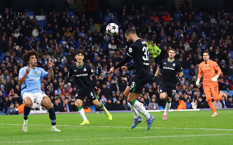 Soccer Football - Champions League - Manchester City v Feyenoord - Etihad Stadium, Manchester, Britain - November 26, 2024 Feyenoord's David Hancko scores their third goal REUTERS/Hannah Mckay