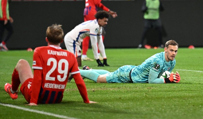 Soccer Football - Europa Conference League - 1. FC Heidenheim v Chelsea - Voith-Arena, Heidenheim, Germany - November 28, 2024 Chelseas Filip Jorgensen reacts REUTERS/Angelika Warmuth
