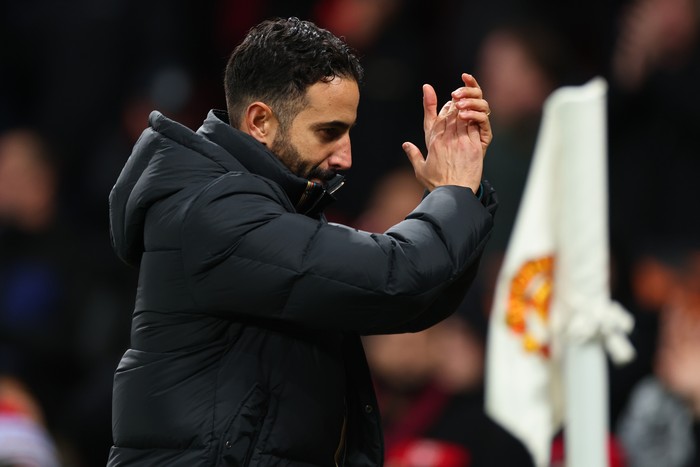 MANCHESTER, ENGLAND - NOVEMBER 28: Manchester United manager Ruben Amorim applauds the fans after the UEFA Europa League 2024/25 League Phase MD5 match between Manchester United and FK Bodo/Glimt at Old Trafford on November 28, 2024 in Manchester, England. (Photo by Marc Atkins/Getty Images)