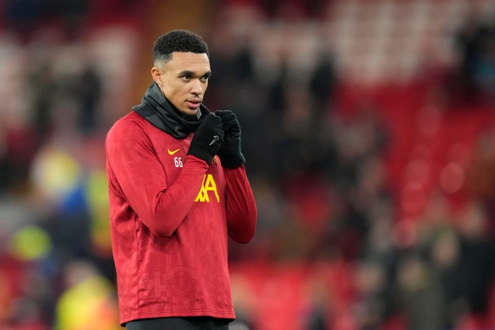 Trent Alexander-Arnold right-back of Liverpool and England during the warm-up before the UEFA Champions League 2024/25 League Phase MD5 match between Liverpool FC and Real Madrid C.F. at Anfield on November 27, 2024 in Liverpool, England. (Photo by Jose Breton/Pics Action/NurPhoto via Getty Images)