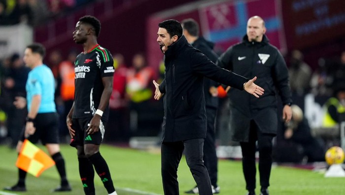 Arsenal manager Mikel Arteta during the Premier League match at the London Stadium, London. Picture date: Saturday November 30, 2024. (Photo by Mike Egerton/PA Images via Getty Images)