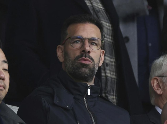 Ruud van Nistelrooy sits in the stands during the Premier League match at the Gtech Community Stadium, Brentford on Saturday Nov.  30, 2024.  (Steven Paston/PA via AP)