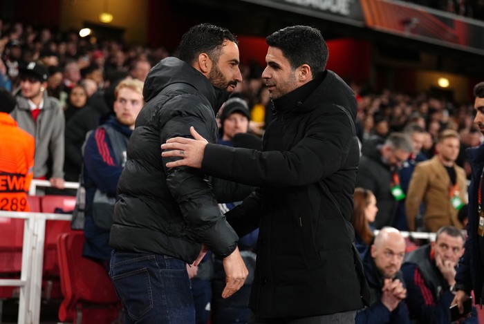 Sporting Lisbon head coach Ruben Amorim (left) and Arsenal manager Mikel Arteta prior to the UEFA Europa League round of sixteen, second leg match at the Emirates Stadium, London. Picture date: Thursday March 16, 2023. (Photo by John Walton/PA Images via Getty Images)