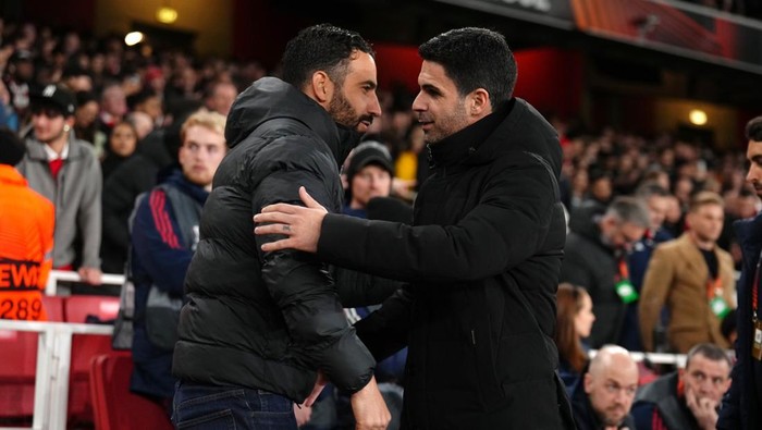 Sporting Lisbon head coach Ruben Amorim (left) and Arsenal manager Mikel Arteta prior to the UEFA Europa League round of sixteen, second leg match at the Emirates Stadium, London. Picture date: Thursday March 16, 2023. (Photo by John Walton/PA Images via Getty Images)