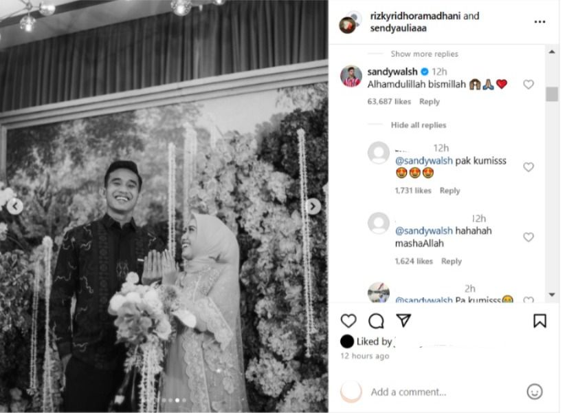 Komentar Sandy Walsh di unggahan Rizky Ridho