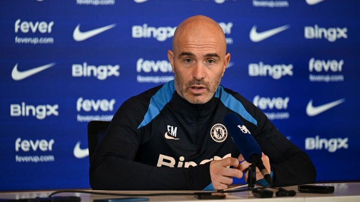COBHAM, ENGLAND - DECEMBER 3: Head Coach Enzo Maresca of Chelsea attends a press conference at Chelsea Training Ground on December 3, 2024 in Cobham, England.  (Photo by Darren Walsh/Chelsea FC via Getty Images)