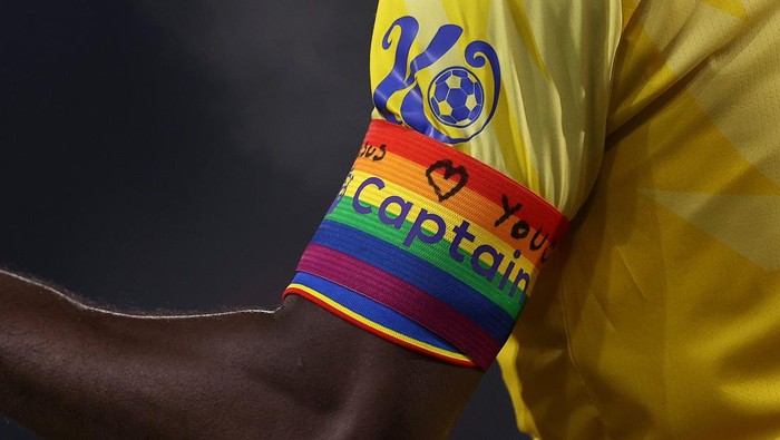 IPSWICH, ENGLAND - DECEMBER 03: A detailed view of a rainbow coloured Captains Armband which reads 