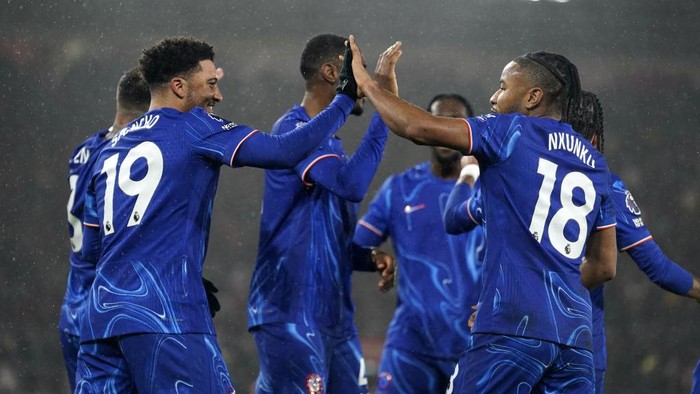 Chelseas Jadon Sancho celebrates scoring their sides fifth goal of the game during the Premier League match at St Marys Stadium, Southampton. Picture date: Wednesday December 4, 2024. (Photo by Andrew Matthews/PA Images via Getty Images)